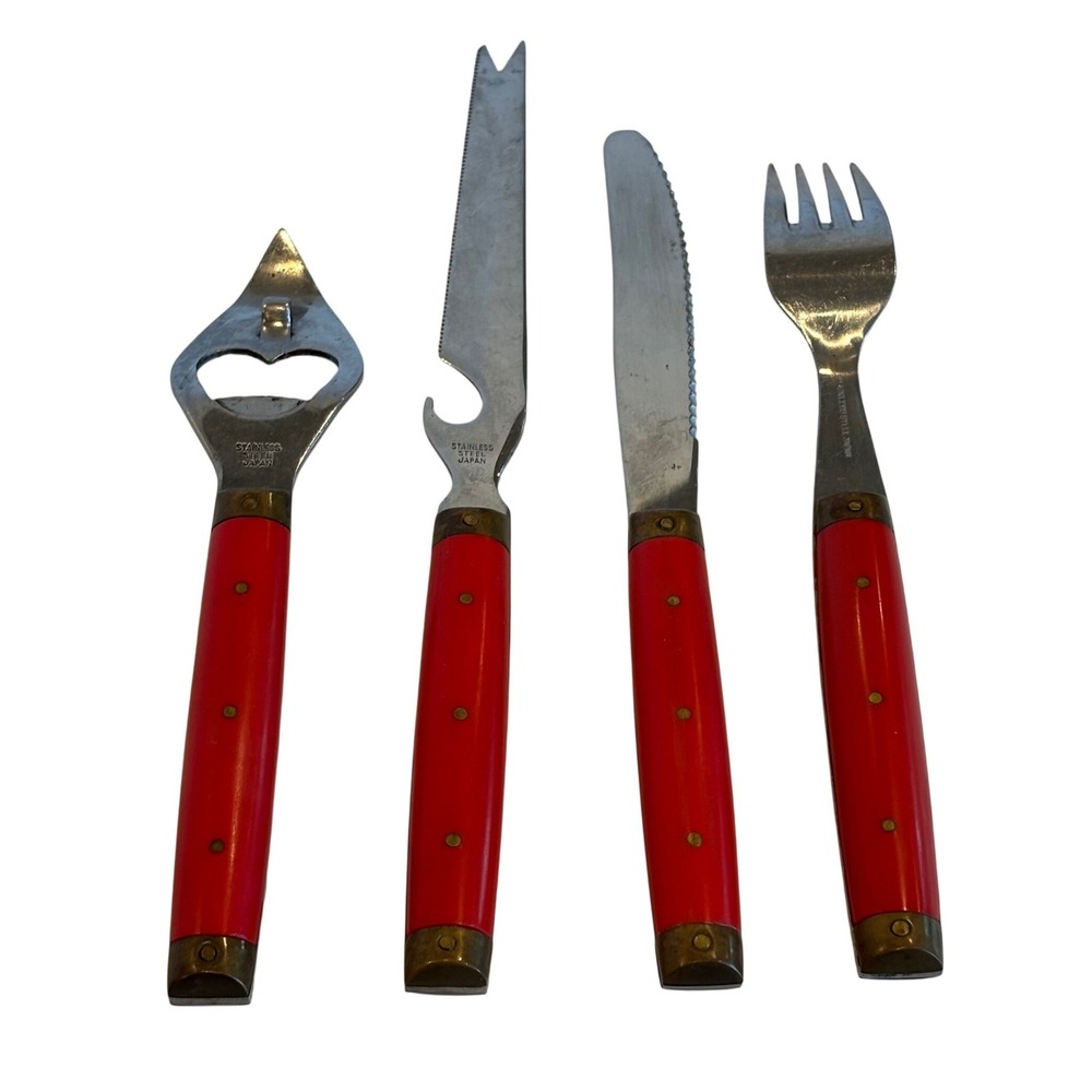 Vtg Melron Flatware Bistro Pattern‎ Red Brass Bottle Opener Fork Knife Stainless